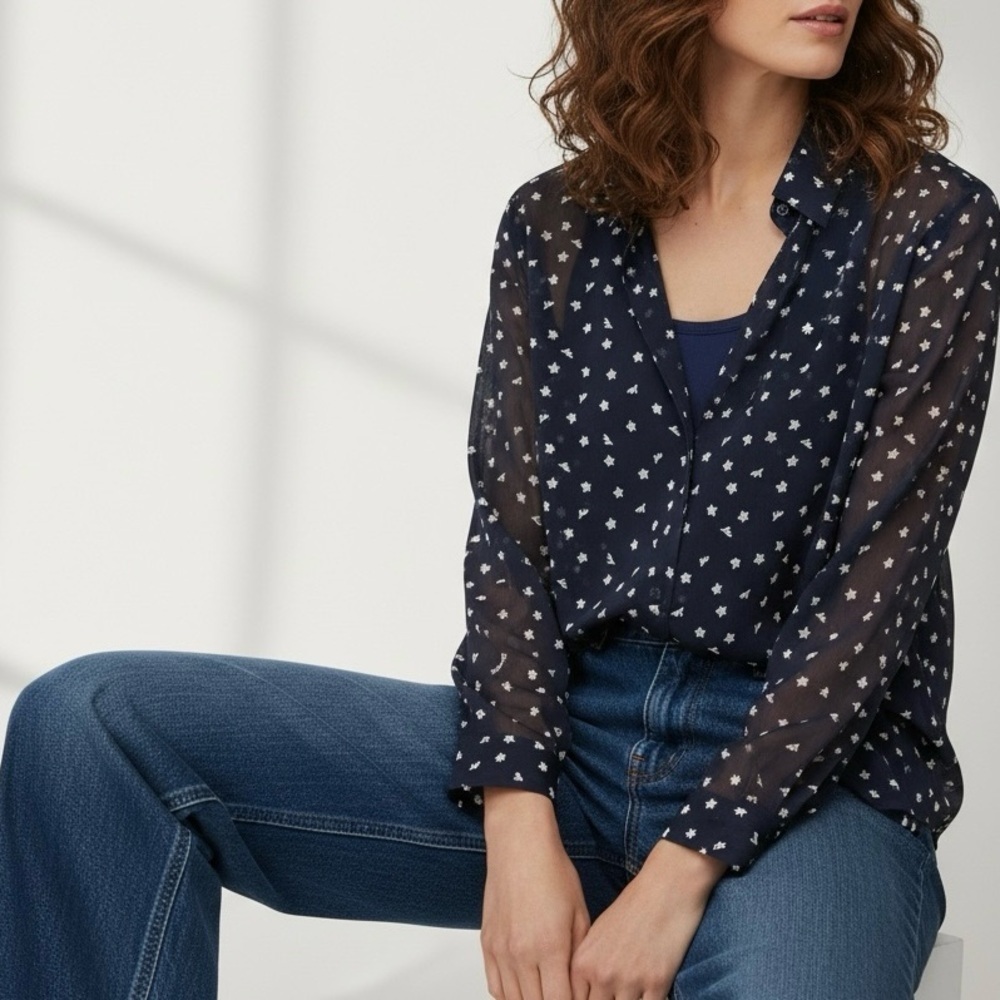 L’Agence Floral Embroidered Sheer Button Down Blouse Navy Blue Medium